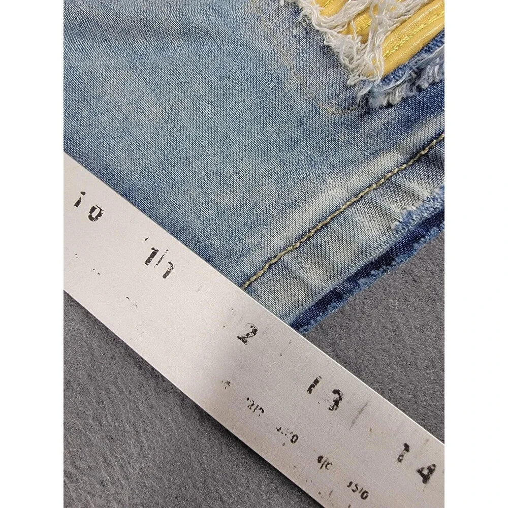 Frost Origin Shorts Mens 38 Blue Distressed Ripped Denim Yellow Patch Streetwear